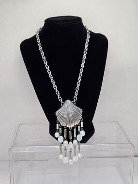 Vintage Brighton Silver Shell Pendant Necklace with White Pearl  Drops